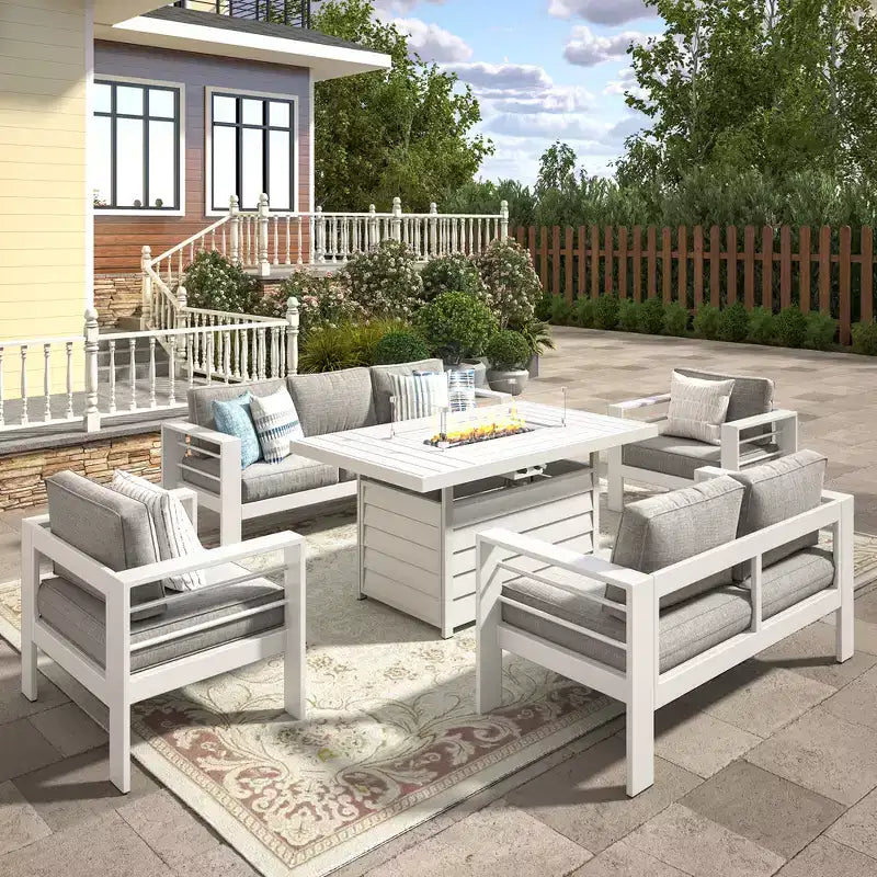 Ensemble de meubles de patio Heynemo en aluminium avec foyer, ensemble de meubles d'extérieur 5 pièces avec coussins pour balcon, véranda et jardin
