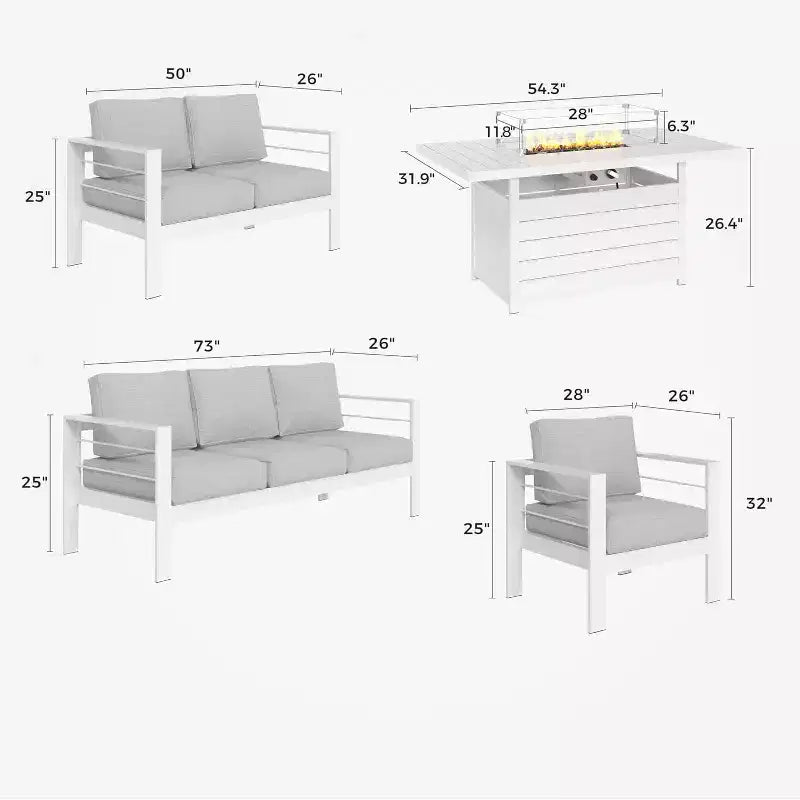 Ensemble de meubles de patio Heynemo en aluminium avec foyer, ensemble de meubles d'extérieur 5 pièces avec coussins pour balcon, véranda et jardin