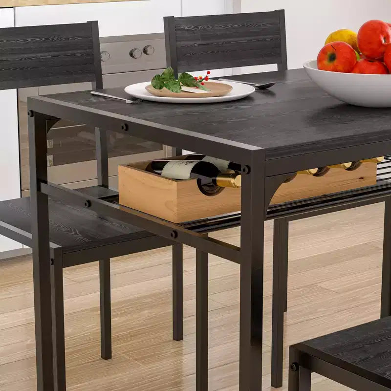 VECELO Table à manger de 110 cm avec banc et 2 chaises pour 4, table de cuisine rectangulaire moderne avec cadre en métal pour petit espace, noir/marron