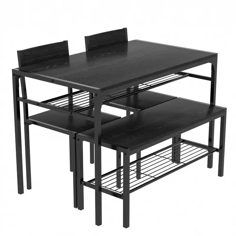 VECELO Table à manger de 110 cm avec banc et 2 chaises pour 4, table de cuisine rectangulaire moderne avec cadre en métal pour petit espace, noir/marron