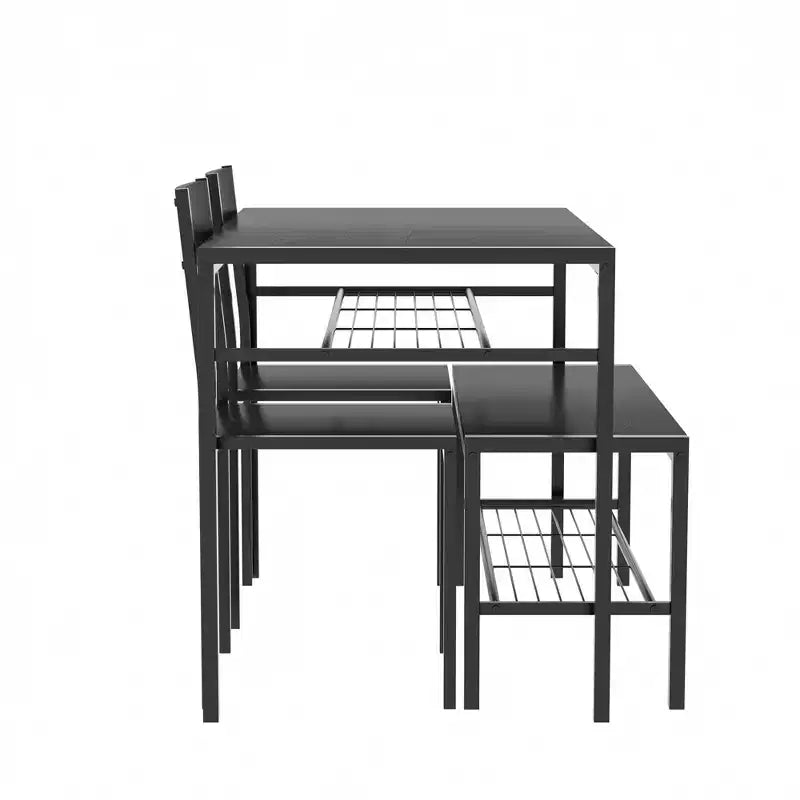 VECELO Table à manger de 110 cm avec banc et 2 chaises pour 4, table de cuisine rectangulaire moderne avec cadre en métal pour petit espace, noir/marron