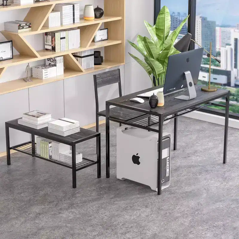VECELO Table à manger de 110 cm avec banc et 2 chaises pour 4, table de cuisine rectangulaire moderne avec cadre en métal pour petit espace, noir/marron