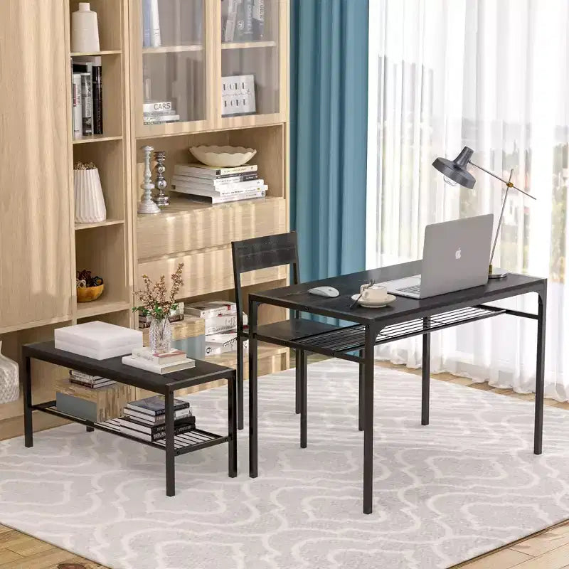 VECELO Table à manger de 110 cm avec banc et 2 chaises pour 4, table de cuisine rectangulaire moderne avec cadre en métal pour petit espace, noir/marron