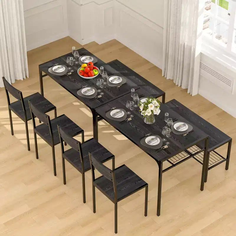 VECELO Table à manger de 110 cm avec banc et 2 chaises pour 4, table de cuisine rectangulaire moderne avec cadre en métal pour petit espace, noir/marron