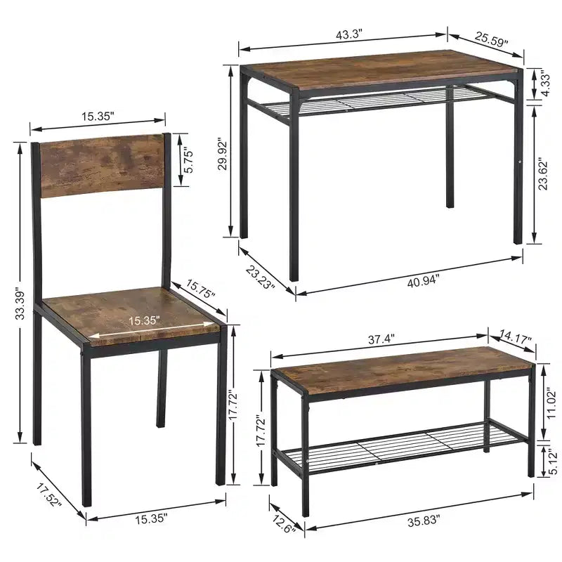 VECELO Table à manger de 110 cm avec banc et 2 chaises pour 4, table de cuisine rectangulaire moderne avec cadre en métal pour petit espace, noir/marron
