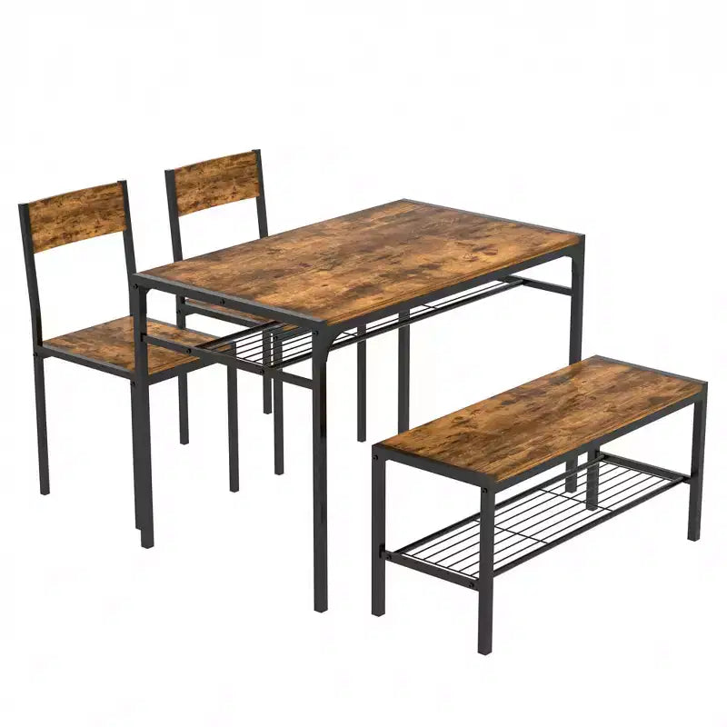 VECELO Table à manger de 110 cm avec banc et 2 chaises pour 4, table de cuisine rectangulaire moderne avec cadre en métal pour petit espace, noir/marron