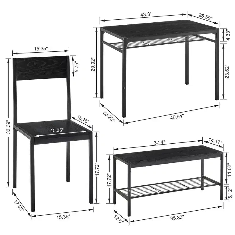 VECELO Table à manger de 110 cm avec banc et 2 chaises pour 4, table de cuisine rectangulaire moderne avec cadre en métal pour petit espace, noir/marron