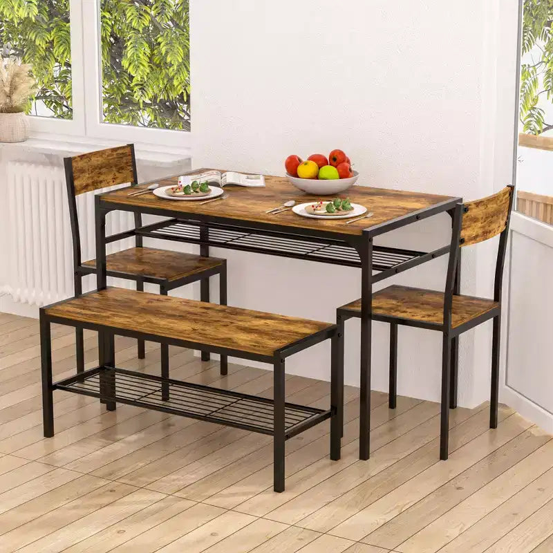 VECELO Table à manger de 110 cm avec banc et 2 chaises pour 4, table de cuisine rectangulaire moderne avec cadre en métal pour petit espace, noir/marron