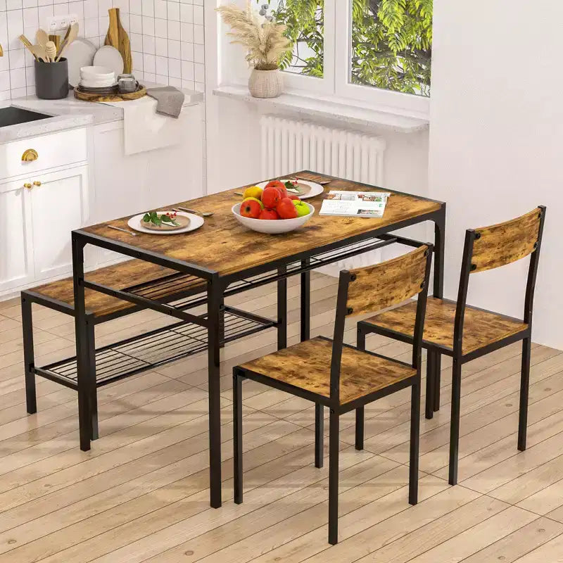 VECELO Table à manger de 110 cm avec banc et 2 chaises pour 4, table de cuisine rectangulaire moderne avec cadre en métal pour petit espace, noir/marron