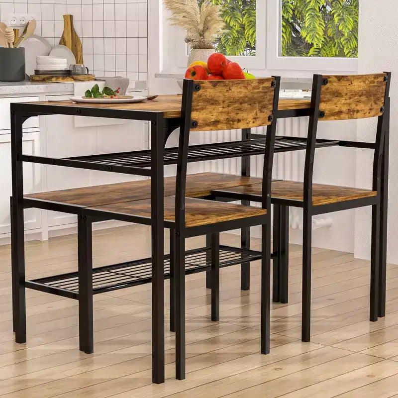 VECELO Table à manger de 110 cm avec banc et 2 chaises pour 4, table de cuisine rectangulaire moderne avec cadre en métal pour petit espace, noir/marron