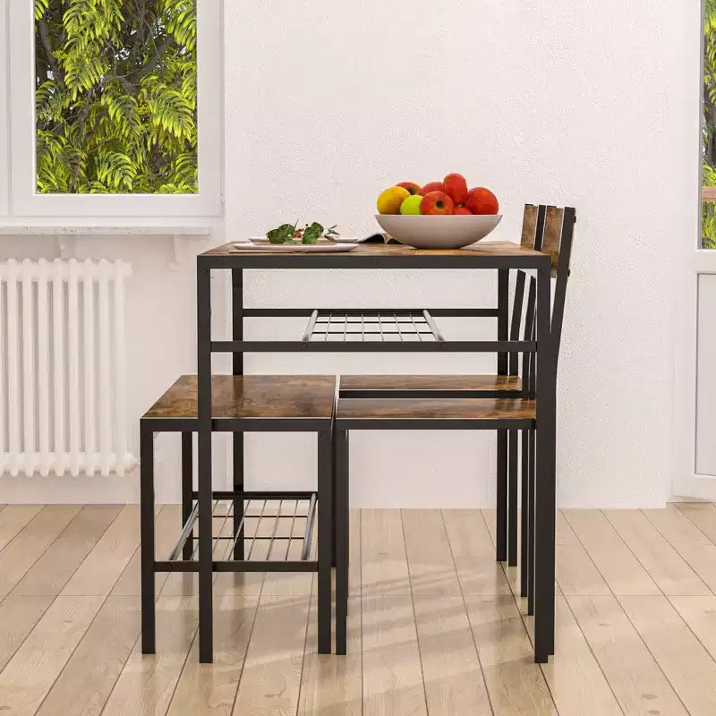 VECELO Table à manger de 110 cm avec banc et 2 chaises pour 4, table de cuisine rectangulaire moderne avec cadre en métal pour petit espace, noir/marron