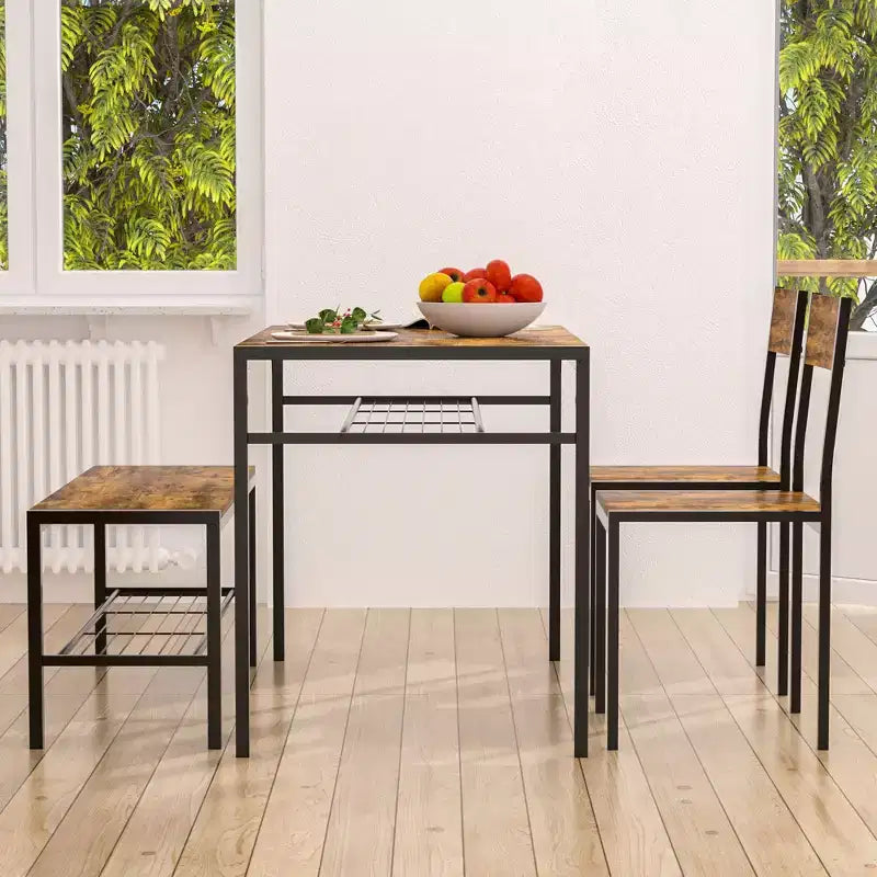 VECELO Table à manger de 110 cm avec banc et 2 chaises pour 4, table de cuisine rectangulaire moderne avec cadre en métal pour petit espace, noir/marron