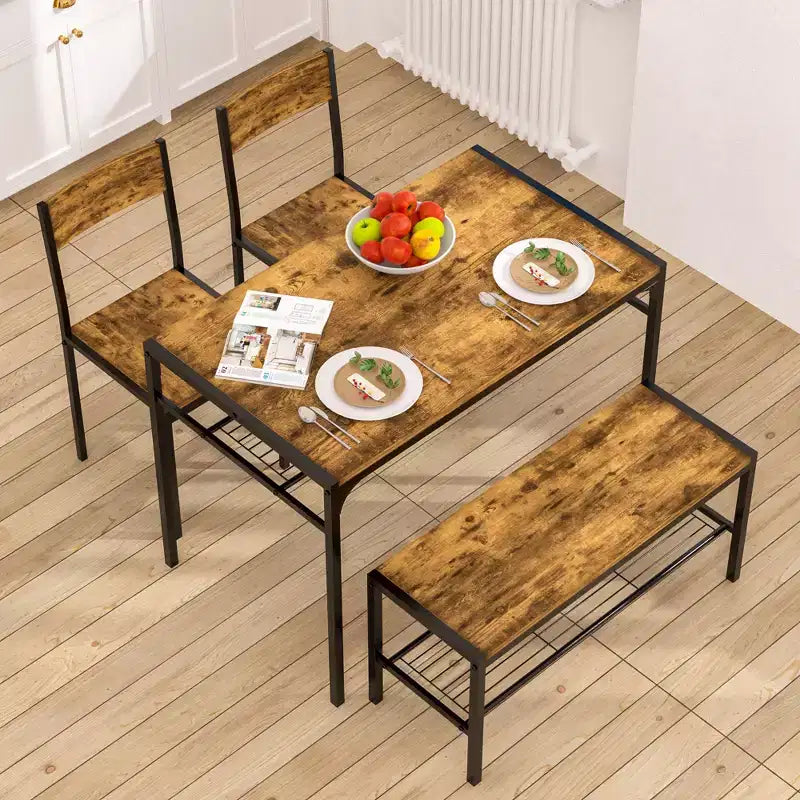 VECELO Table à manger de 110 cm avec banc et 2 chaises pour 4, table de cuisine rectangulaire moderne avec cadre en métal pour petit espace, noir/marron