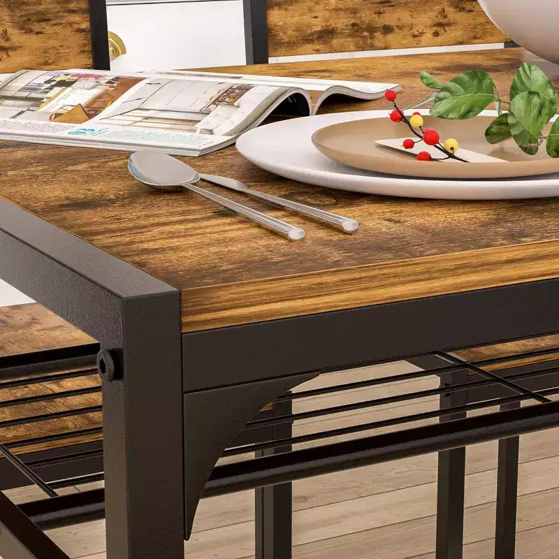 VECELO Table à manger de 110 cm avec banc et 2 chaises pour 4, table de cuisine rectangulaire moderne avec cadre en métal pour petit espace, noir/marron