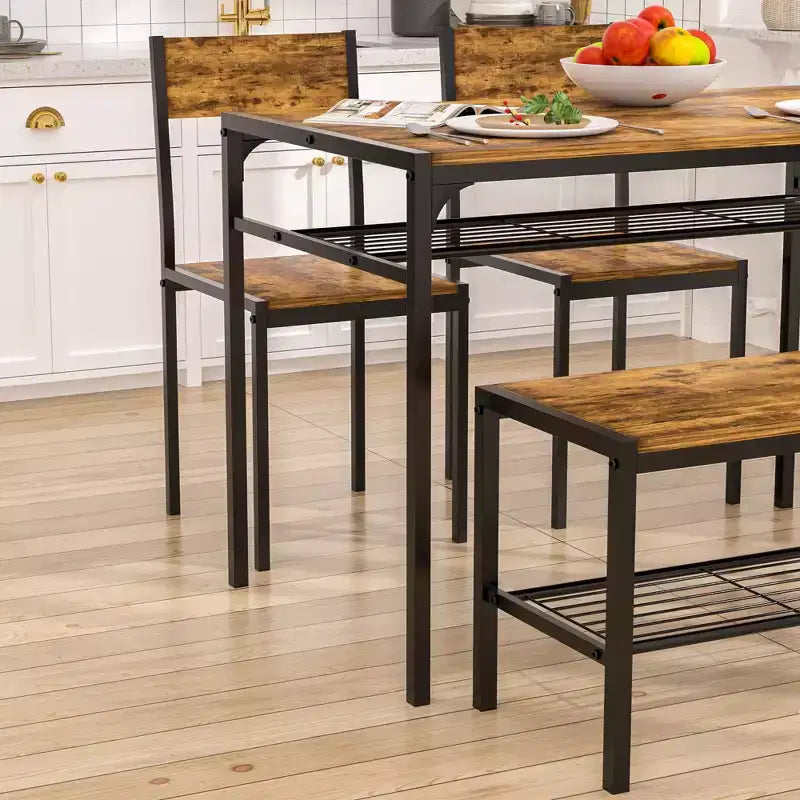 VECELO Table à manger de 110 cm avec banc et 2 chaises pour 4, table de cuisine rectangulaire moderne avec cadre en métal pour petit espace, noir/marron