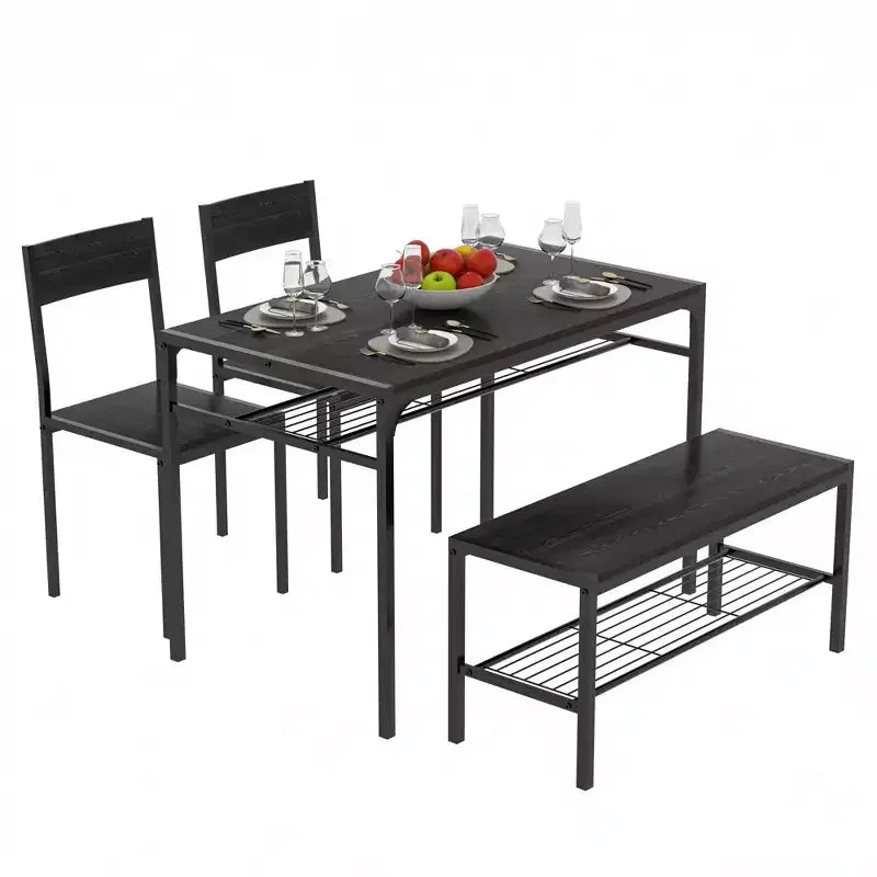 VECELO Table à manger de 110 cm avec banc et 2 chaises pour 4, table de cuisine rectangulaire moderne avec cadre en métal pour petit espace, noir/marron