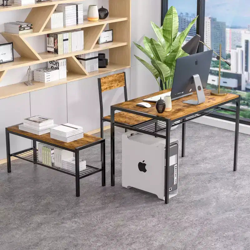 VECELO Table à manger de 110 cm avec banc et 2 chaises pour 4, table de cuisine rectangulaire moderne avec cadre en métal pour petit espace, noir/marron