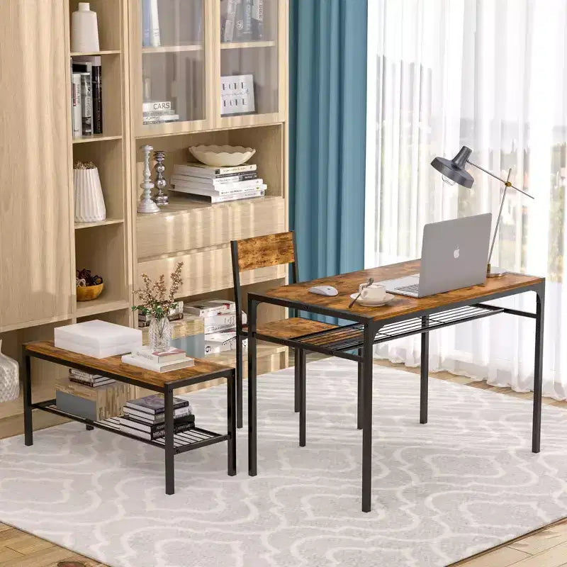 VECELO Table à manger de 110 cm avec banc et 2 chaises pour 4, table de cuisine rectangulaire moderne avec cadre en métal pour petit espace, noir/marron