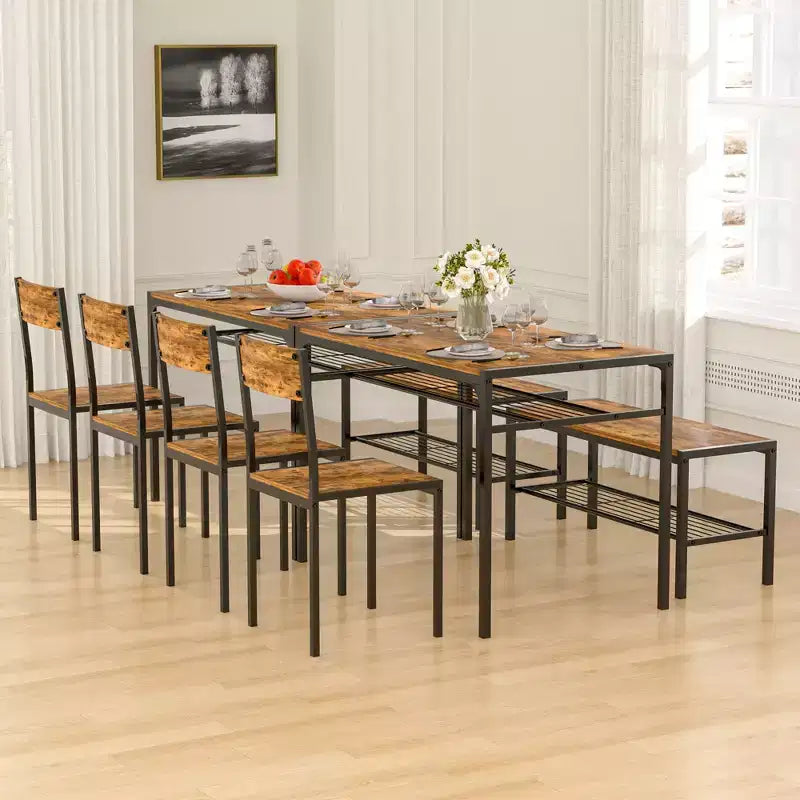 VECELO Table à manger de 110 cm avec banc et 2 chaises pour 4, table de cuisine rectangulaire moderne avec cadre en métal pour petit espace, noir/marron