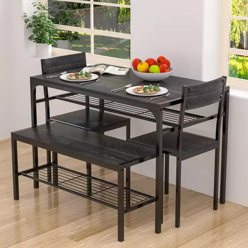 VECELO Table à manger de 110 cm avec banc et 2 chaises pour 4, table de cuisine rectangulaire moderne avec cadre en métal pour petit espace, noir/marron