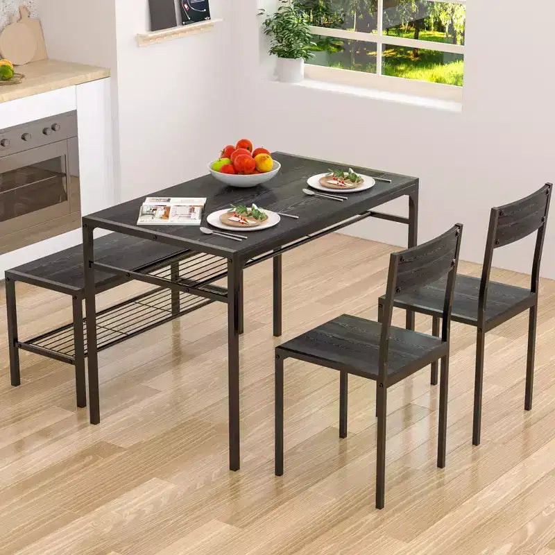 VECELO Table à manger de 110 cm avec banc et 2 chaises pour 4, table de cuisine rectangulaire moderne avec cadre en métal pour petit espace, noir/marron