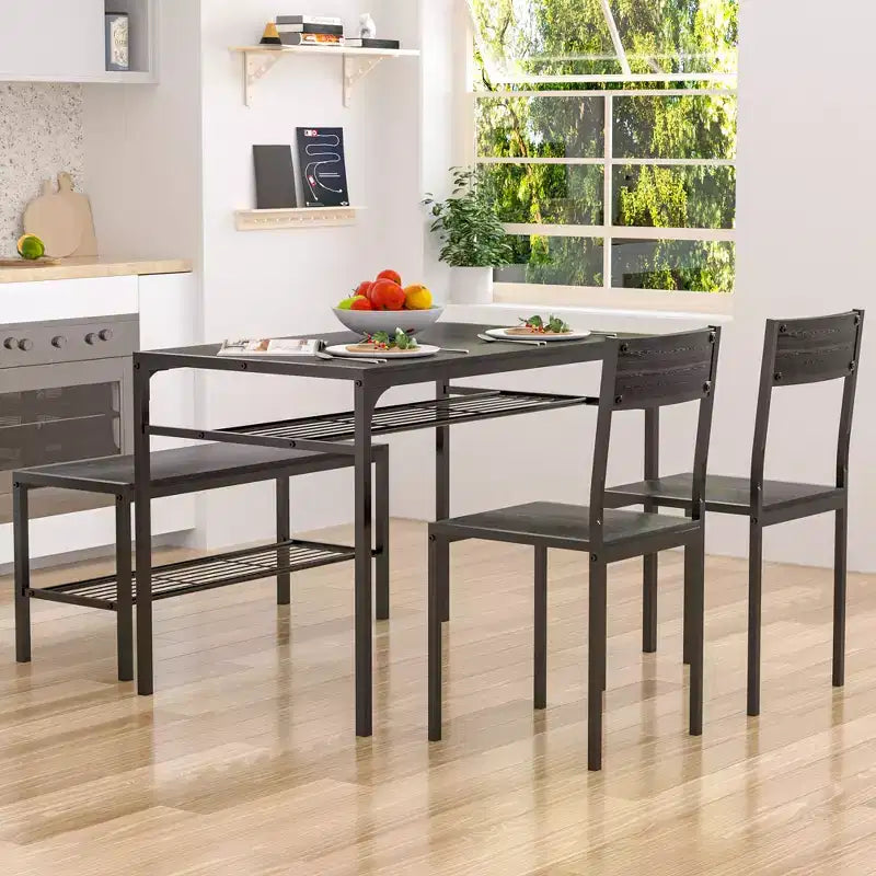 VECELO Table à manger de 110 cm avec banc et 2 chaises pour 4, table de cuisine rectangulaire moderne avec cadre en métal pour petit espace, noir/marron