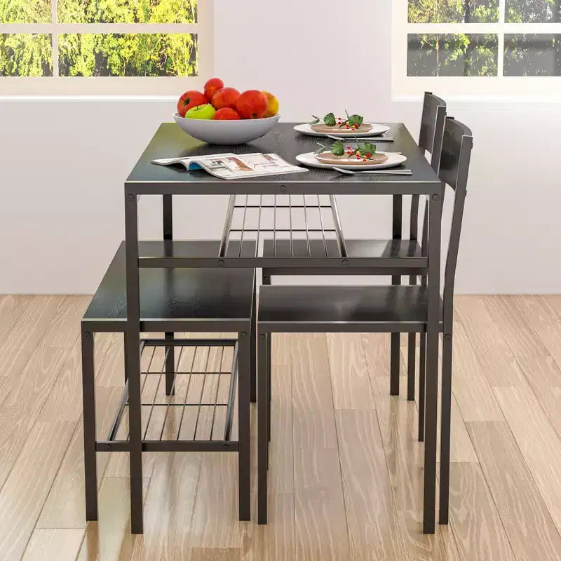 VECELO Table à manger de 110 cm avec banc et 2 chaises pour 4, table de cuisine rectangulaire moderne avec cadre en métal pour petit espace, noir/marron