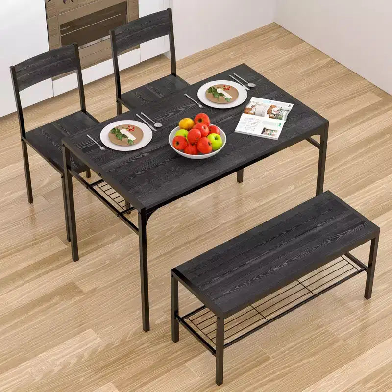 VECELO Table à manger de 110 cm avec banc et 2 chaises pour 4, table de cuisine rectangulaire moderne avec cadre en métal pour petit espace, noir/marron