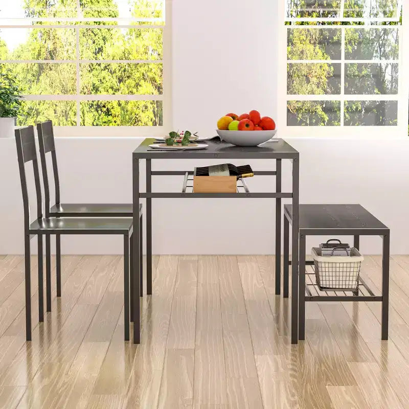 VECELO Table à manger de 110 cm avec banc et 2 chaises pour 4, table de cuisine rectangulaire moderne avec cadre en métal pour petit espace, noir/marron