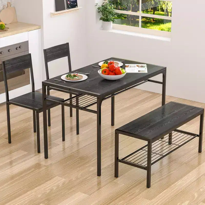 VECELO Table à manger de 110 cm avec banc et 2 chaises pour 4, table de cuisine rectangulaire moderne avec cadre en métal pour petit espace, noir/marron
