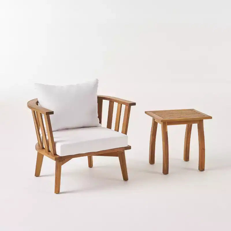 GDFStudio Oleander Ensemble fauteuil et table d'appoint d'extérieur en bois d'acacia avec coussins, teck/blanc
