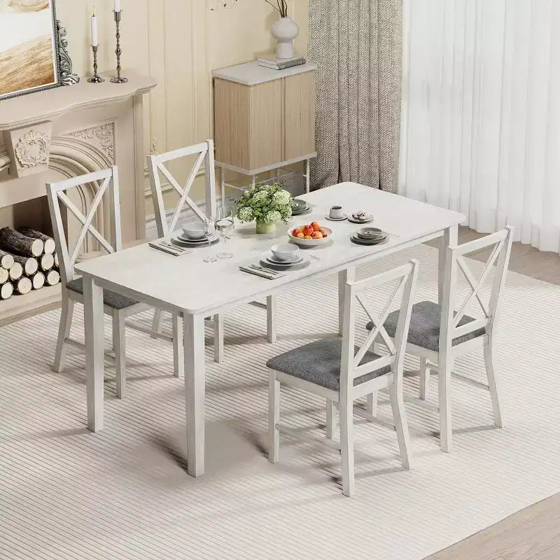 VECELO Farmhouse Style Dining Table Set, Rubber Wood Table and Upholstered Dining Chairs, Gray