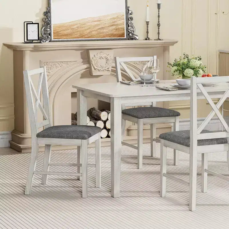 Ensemble de table à manger de style ferme VECELO, table en bois d'hévéa et chaises de salle à manger rembourrées, gris