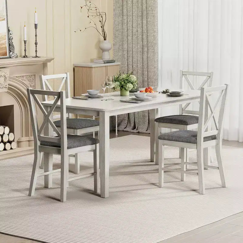 Ensemble de table à manger de style ferme VECELO, table en bois d'hévéa et chaises de salle à manger rembourrées, gris