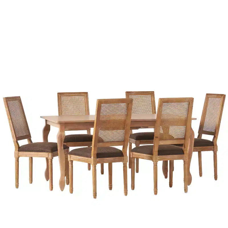 Ensemble de salle à manger extensible en bois et rotin, 7 pièces, avec tissu capitonné style campagne française, Christopher Knight Home Regan