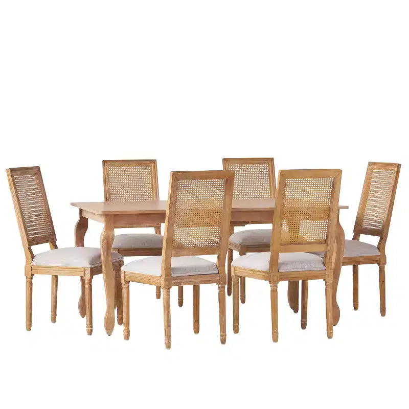 Ensemble de salle à manger extensible en bois et rotin, 7 pièces, avec tissu capitonné style campagne française, Christopher Knight Home Regan