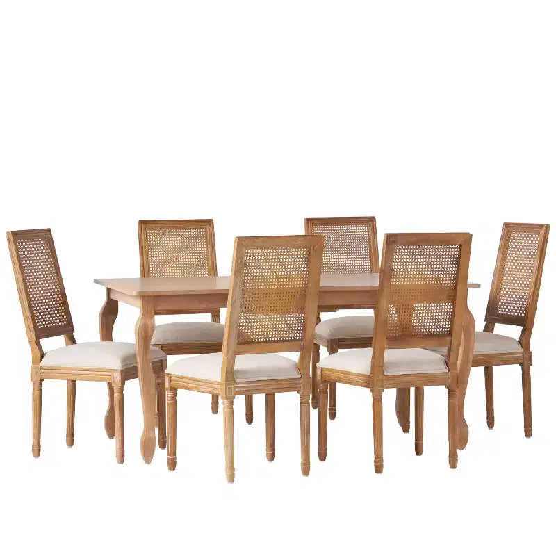 Ensemble de salle à manger extensible en bois et rotin, 7 pièces, avec tissu capitonné style campagne française, Christopher Knight Home Regan