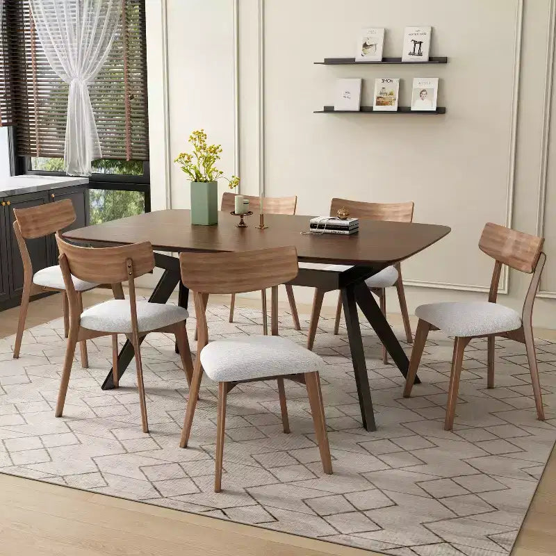 Ensemble de salle à manger tapissé 7 pièces Lareyna de Christopher Knight Home en bois d'hévéa, style milieu de siècle