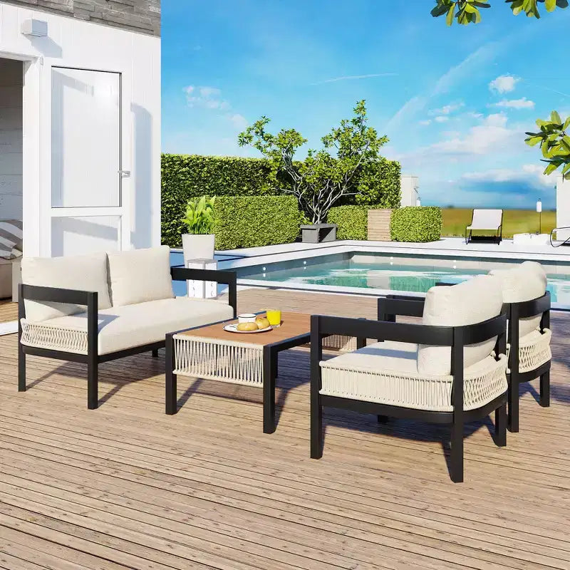 Ensemble de canapés de jardin en fer multi-personnes avec une table, décoration en rotin, imperméable, antirouille, adapté pour le jardin et la pelouse