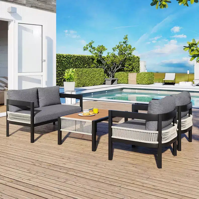 Ensemble de canapés de jardin en fer multi-personnes avec une table, décoration en rotin, imperméable, antirouille, adapté pour le jardin et la pelouse