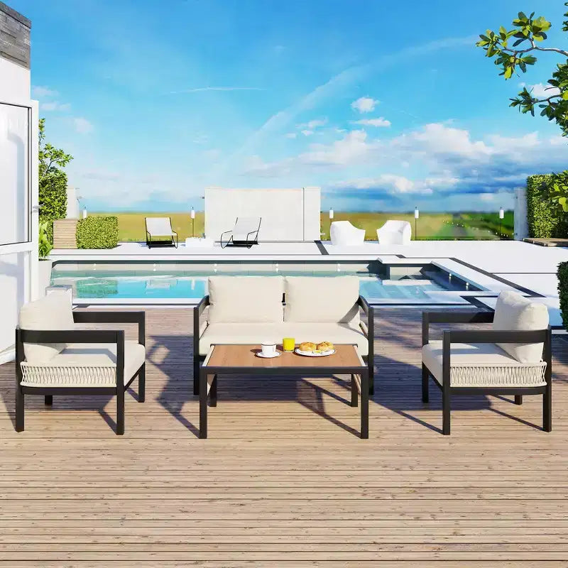 Multi-person Outdoor Iron Sofa Set with A table, Rattan Decoration, Waterproof, Rust-proof, Suitable for Garden, Lawn Use