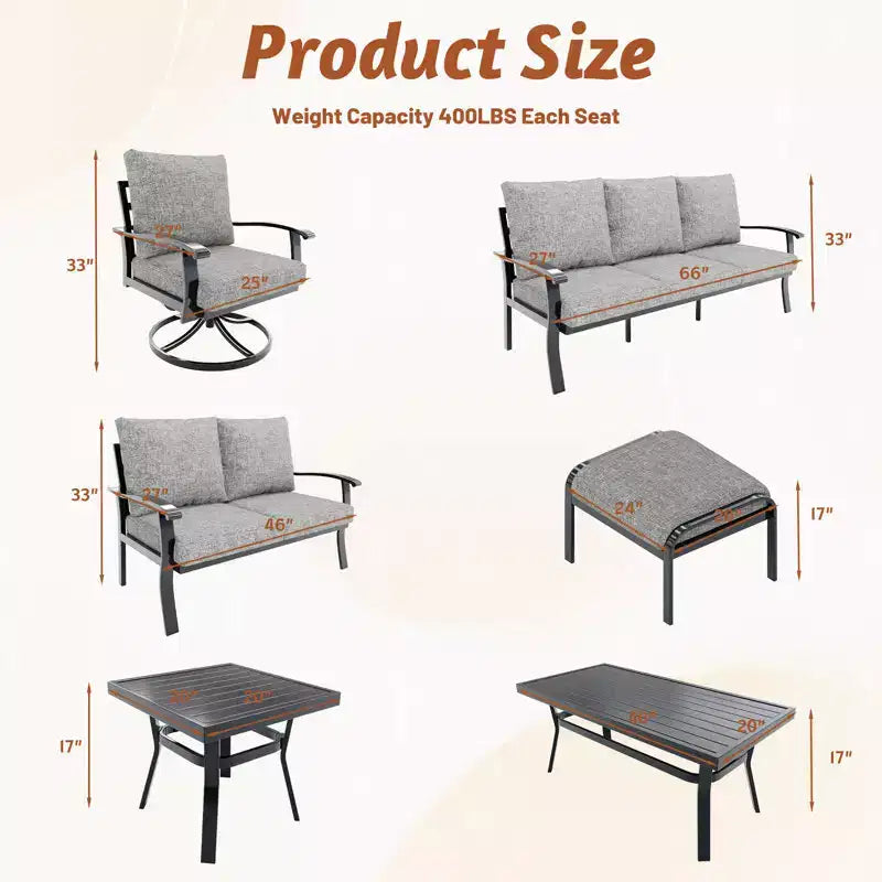 Ensemble de conversation extérieur en métal EROMMY 6 pièces avec fauteuils pivotants à 360°, canapé et pouf pour patio, jardin, terrasse ou piscine