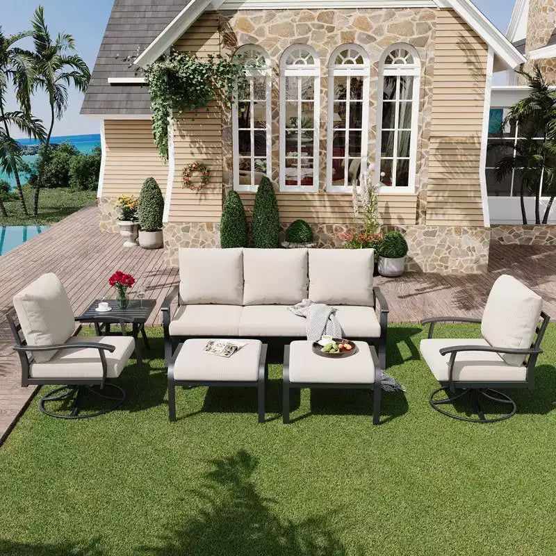 Ensemble de conversation extérieur en métal EROMMY 6 pièces avec fauteuils pivotants à 360°, canapé et pouf pour patio, jardin, terrasse ou piscine