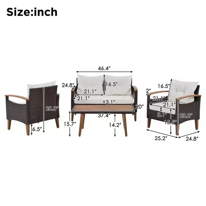 Ensemble de mobilier de jardin 4 pièces, salon de jardin pour terrasse, ensemble de canapés d'extérieur en rotin PE, table et pieds en bois, marron et beige