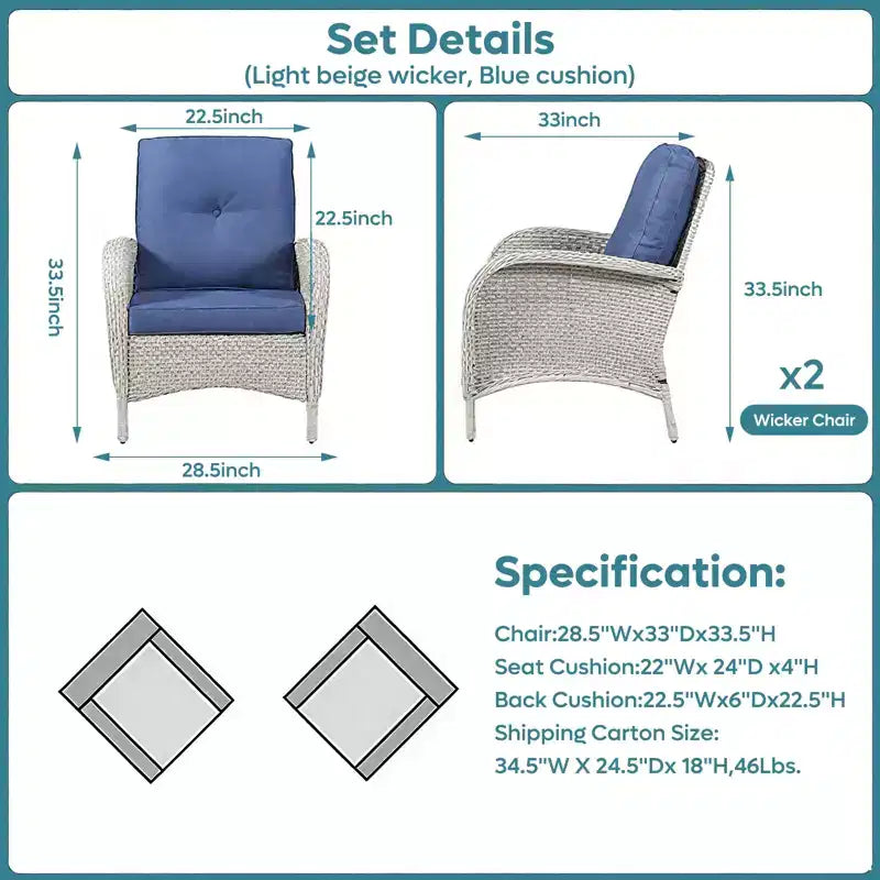 Lot de 2 chaises de patio en osier Bestier, ensemble de meubles en rotin avec 4 coussins de siège, dossier haut et accoudoirs pour jardin, arrière-cour, balcon et terrasse, bleu