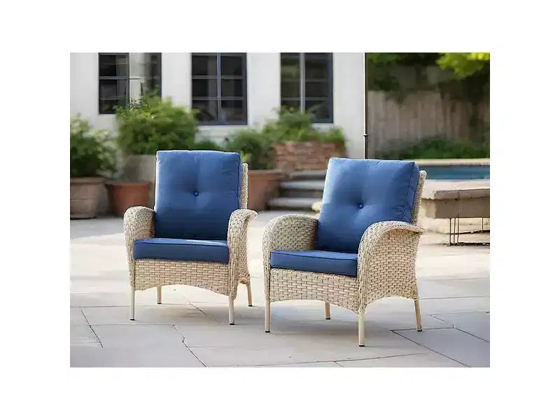 Lot de 2 chaises de patio en osier Bestier, ensemble de meubles en rotin avec 4 coussins de siège, dossier haut et accoudoirs pour jardin, arrière-cour, balcon et terrasse, bleu