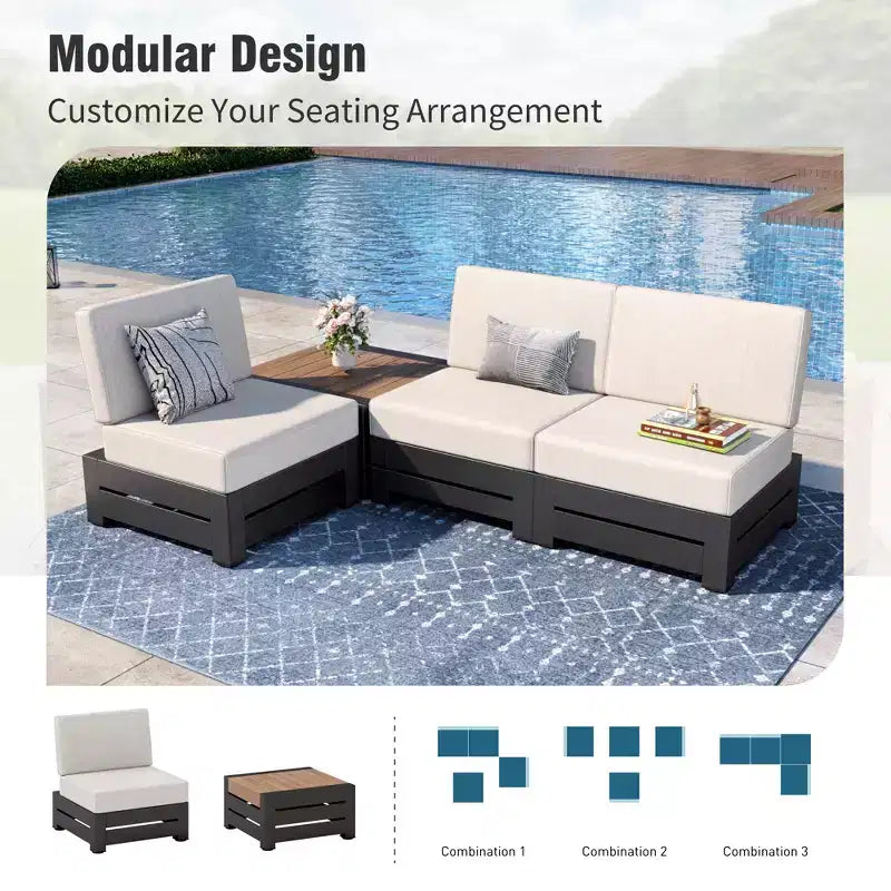 Canapé d'angle modulable d'extérieur Captiva Designs avec coussins épais et table aspect bois