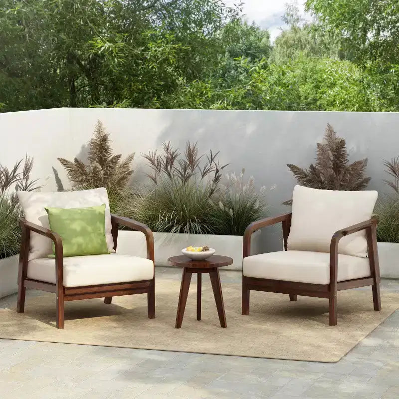 Christopher Knight Home Sylas 3 Piece Modern Acacia Wood Patio Seating Set with Woven Backrest and Deep Cushions