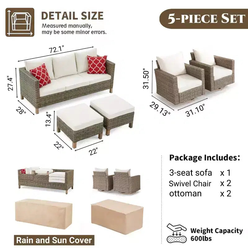 Ensemble de 5 meubles de terrasse pour conversation avec fauteuils pivotants et coussins