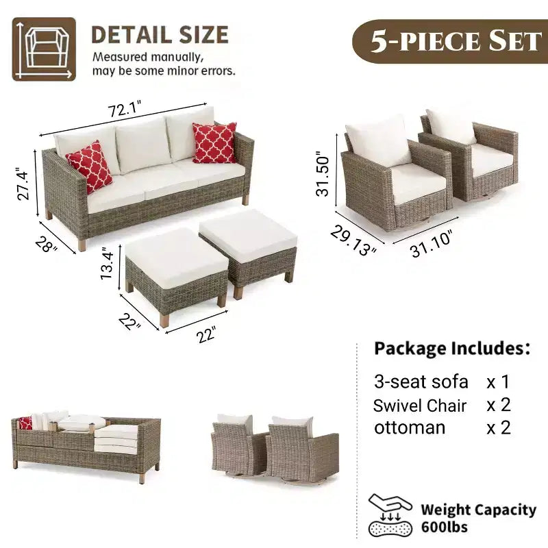 Ensemble de 5 meubles de terrasse pour conversation avec fauteuils pivotants et coussins